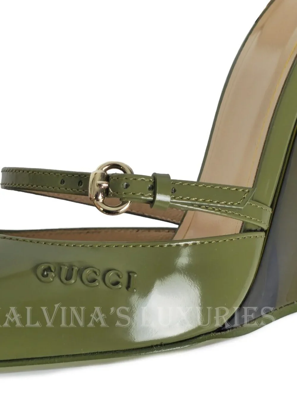 GUCCI SHOES LEATHER w LUCITE WEDGE MULES LOGO EMBOSSED  sz 39 9